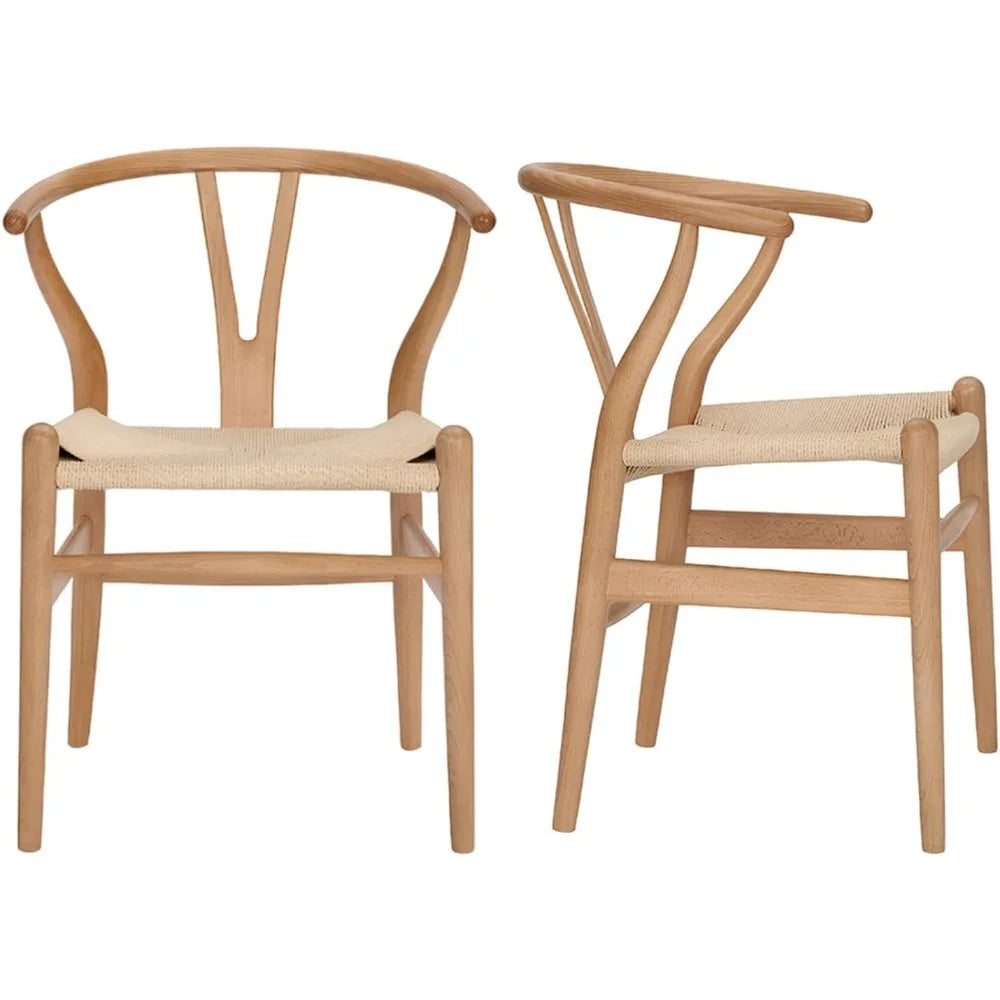 Wishbone Dining Chair Set of 2 - Solid Beech Wood with Woven Rope Seat