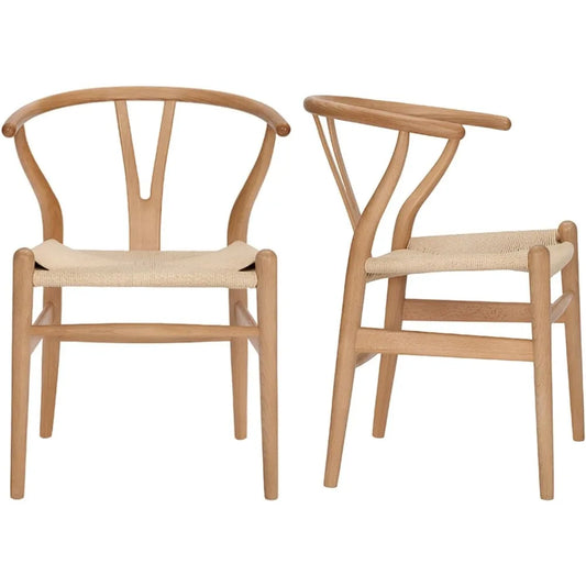 Wishbone Dining Chair Set of 2 - Solid Beech Wood with Woven Rope Seat