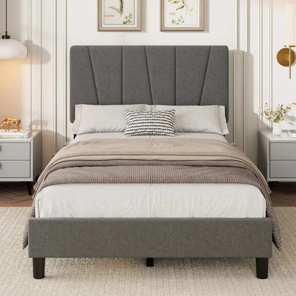 Twin Size Platform Bed Frame with Adjustable Upholstered Headboard