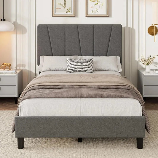 Twin Size Bed Frame with Headboard Adjustable, Linen Upholstered Twin Platform Bed with Headboard, Mattress Foundation with Wood