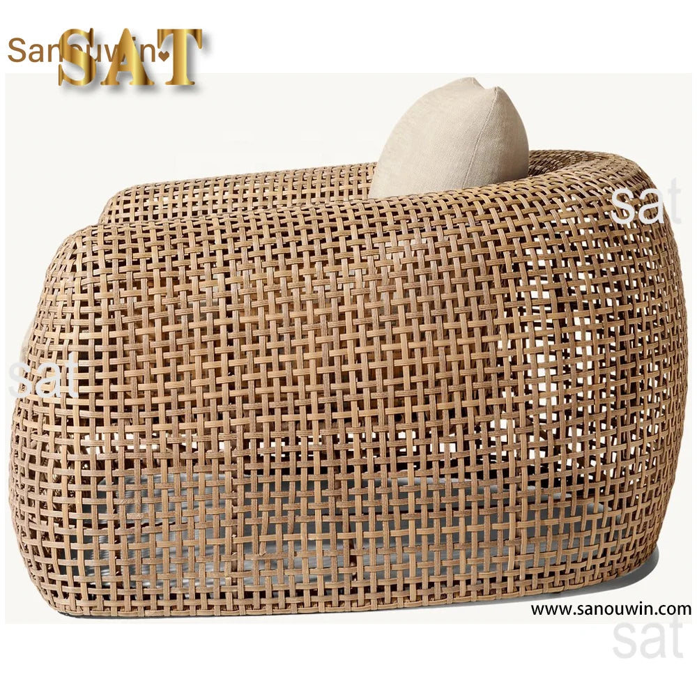 Hot Sales Modern PE Rattan Single Sofa Set High-End Outdoor Furniture With Natural Wood Look Wicker Teak Fabric Materials For D