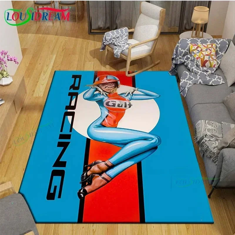 Gulf Racing Digital Print Area Rug - Anti-Skid Racing Stripe Design