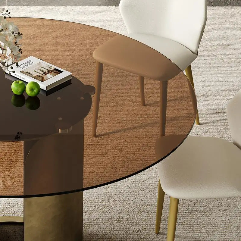 59" Round Dining Table, Dark Brown Glass Top, Antique Copper Steel Leg Base, Ideal for Family Kitchen or Living Room