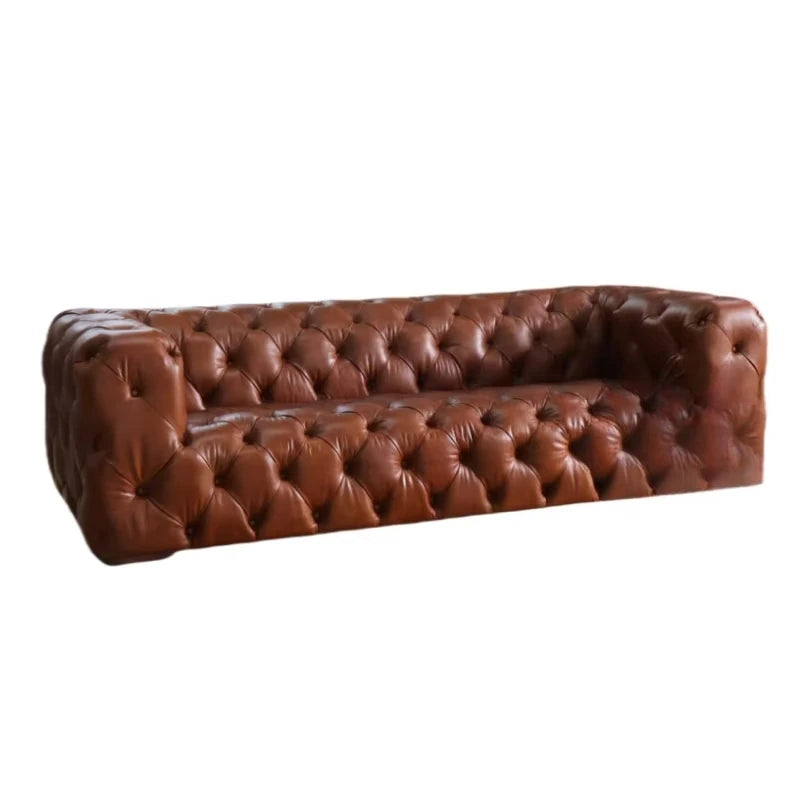 Custom Made Retro Vintage Tan Leather Classic Chesterfield Sofa Fully Tufted Buttons 3 Seat Living Room Hotel Lobby Sofa Club
