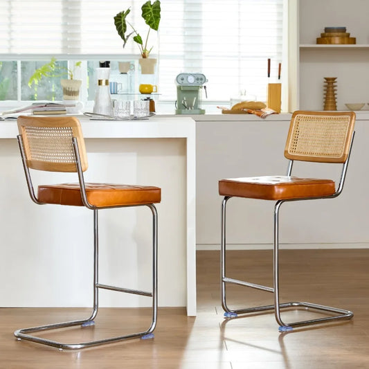 Natural Rattan Bar Stools Set of 2 - 24 Inch Counter Height with Solid Wood Backrest and Brown Faux Leather Seat