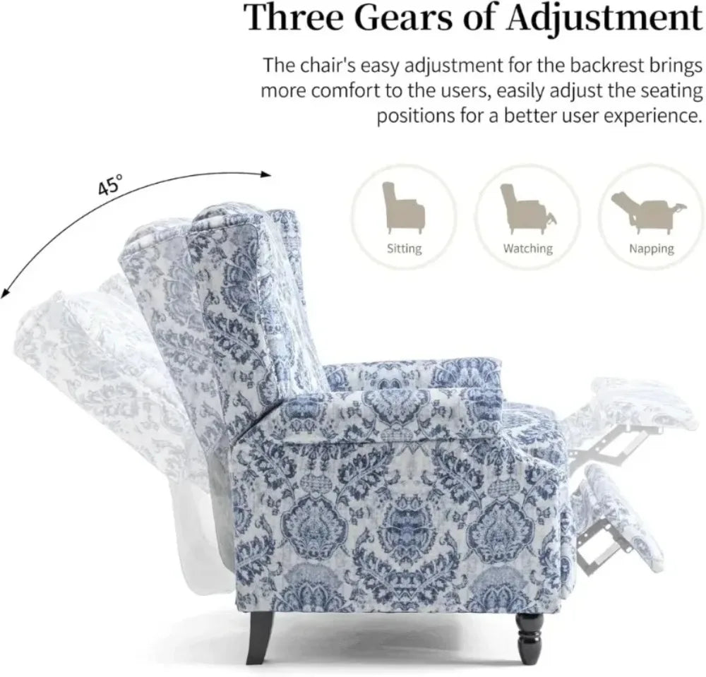 Pushback Recliner Chair, Floral Fabric Wingback Recliner Chair, Upholstered Armchair Push Back Recliner, Rivet Trim S