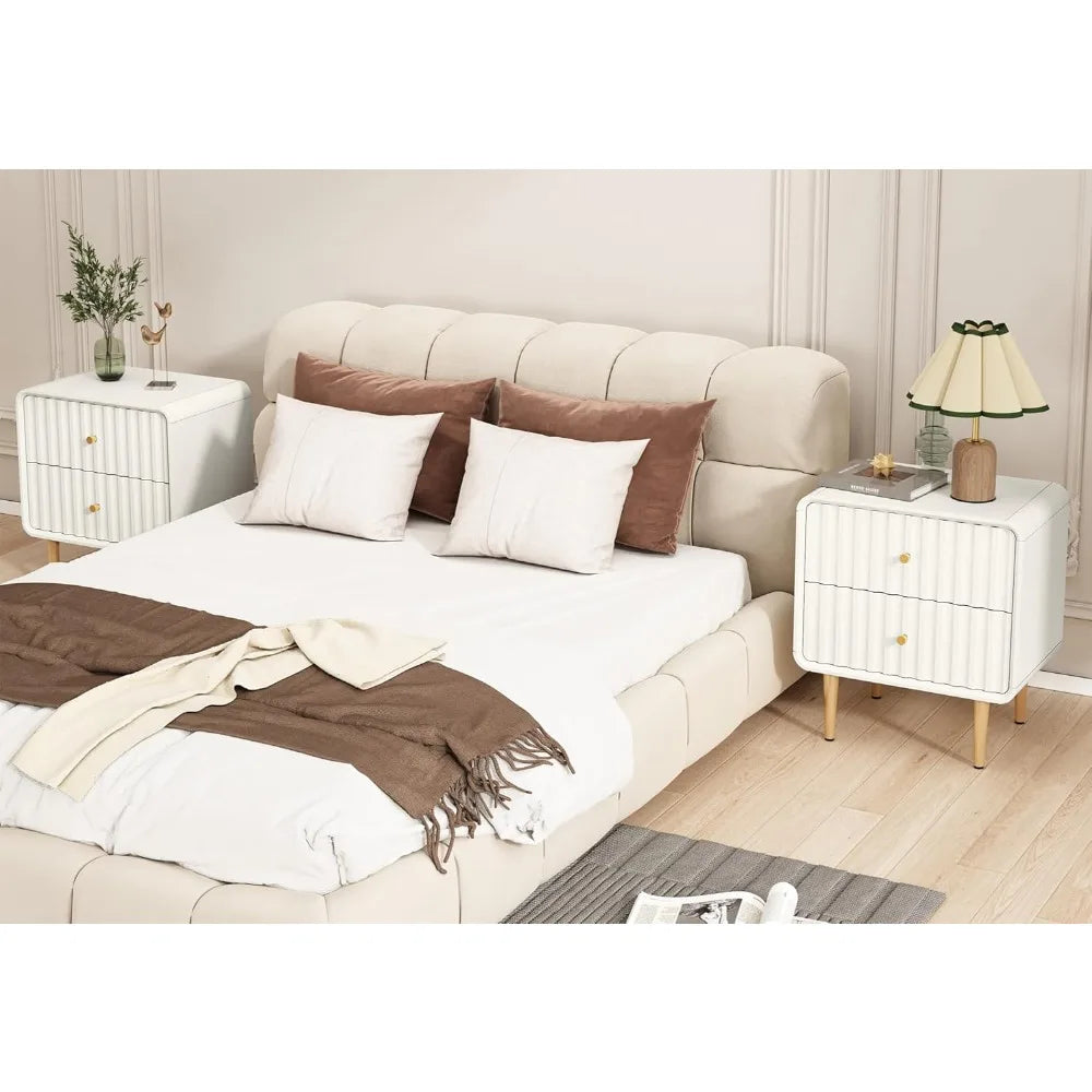 Modern Nightstand Set of 2, Fluted Bed Side Table with 2 Drawers Storage, Wood End Table with Gold Metal Handle, White Night St