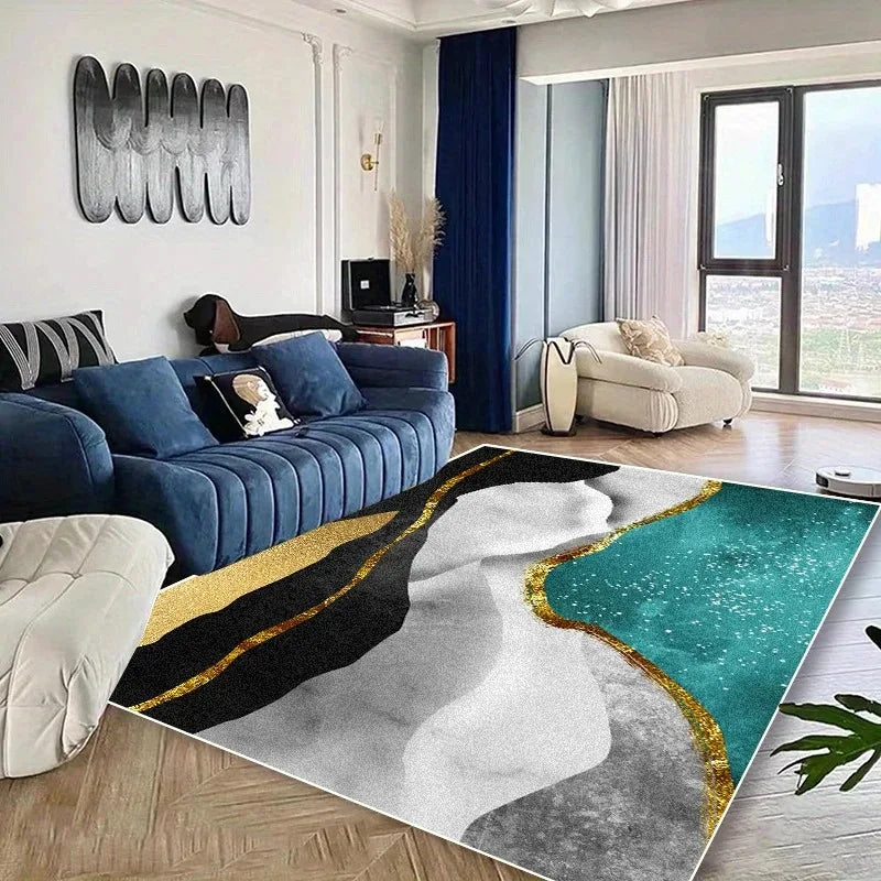 Luxury Gradient Carpet Collection Golden Veins Abstract Patterns Green Teal Brown Grey Tones Large Area Rugs Modern Lounge Decor