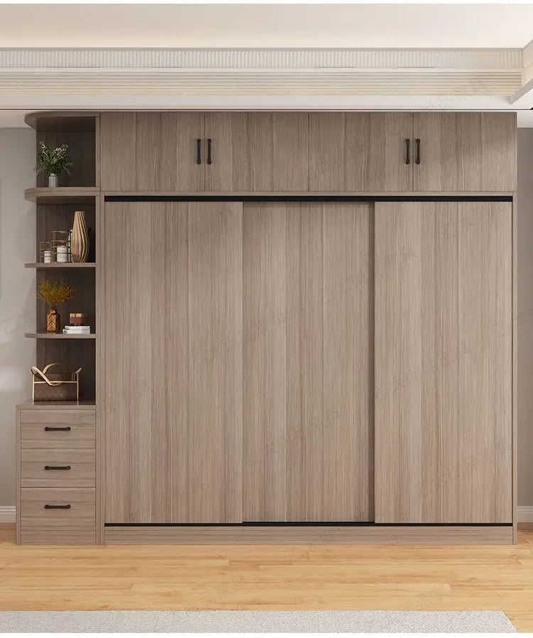 Wooden Wardrobe with Hanging Rod and Storage Shelves