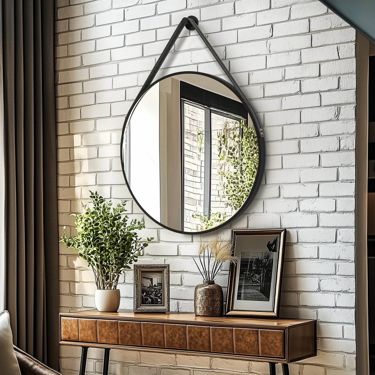 Round Wall Mirror with Brushed Aluminum Frame and Leather Strap - 60/70/80cm
