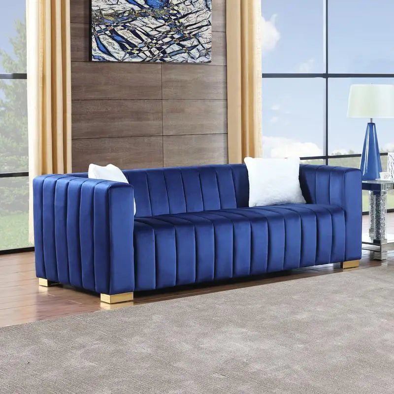 Velvet Sofa: Channel Tufted 3-Seat with Gold Base in Navy Blue