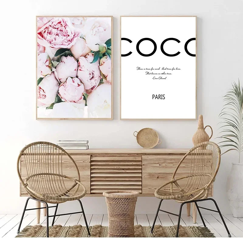 Pink Peonies & Coco Paris Quote Canvas Wall Art Print Set
