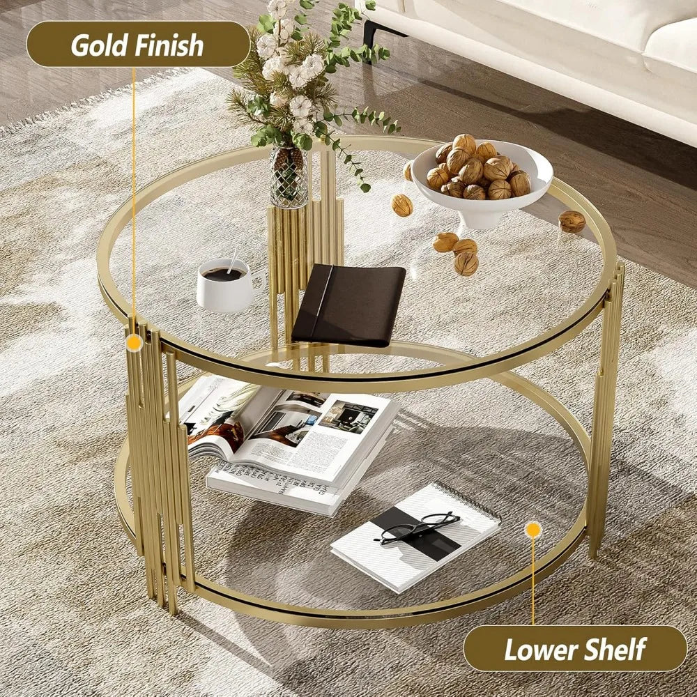 31.5" Modern Round Glass Coffee Table, Glass Side Table End Table with Circular Metal Drum Base, Tea Table with Gold Finish & Lo