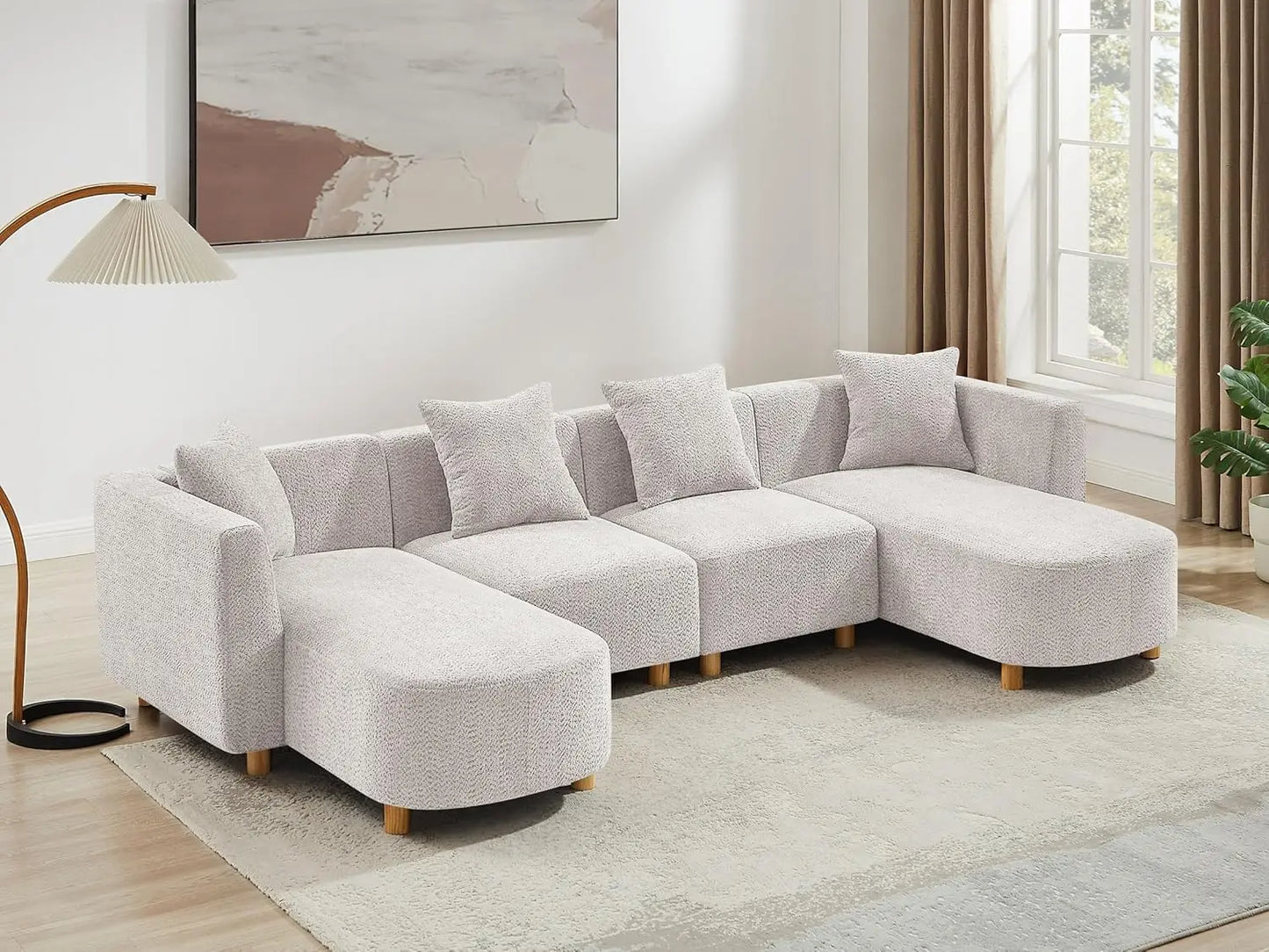 113" Sectional Sofa with 4 Pillows, U-Shaped 4-Seater Comfy Boucle Cloud Couch, Modern Double Chaises Lounge Sofas for Living