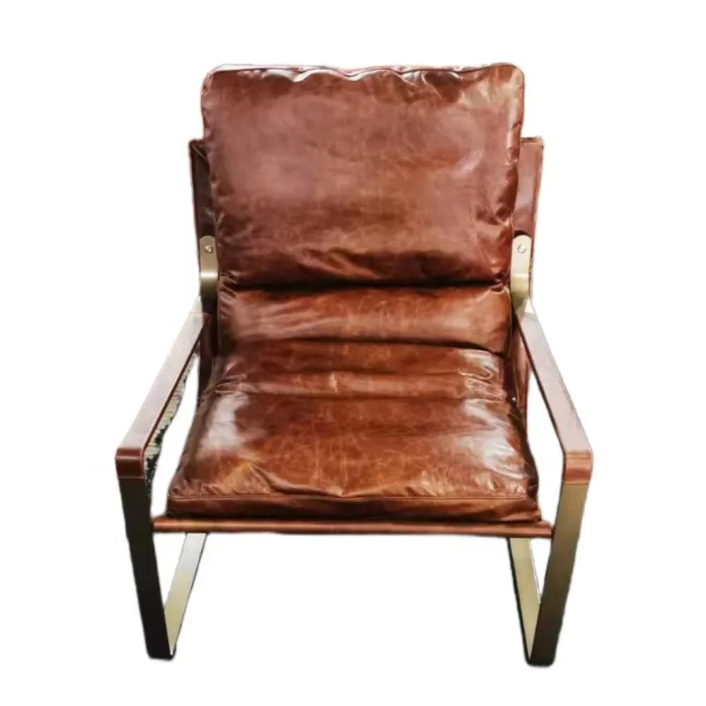 Vintage leather lounge armchair luxury comfortable living room chair metal iron frame tan leather lazy accent chair