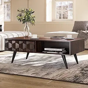 georgina solid wood coffee tables for living room, coffee table mid century modern with 2 symmetrical storage drawers & geometr