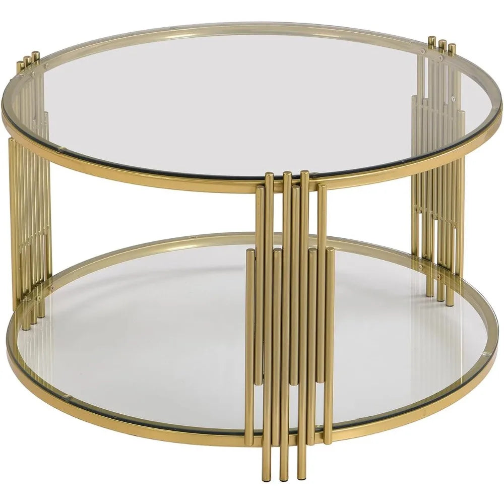 31.5" Modern Round Glass Coffee Table, Glass Side Table End Table with Circular Metal Drum Base, Tea Table with Gold Finish & Lo