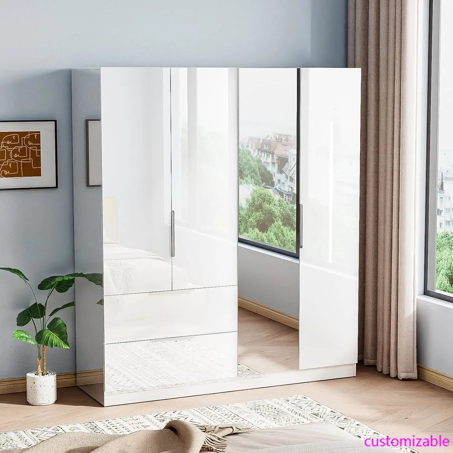 4 Door Wardrobe Closet with Mirror Doors and Drawers