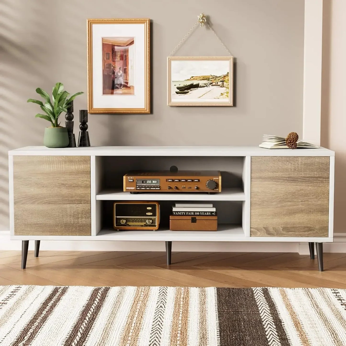 TV Stand for 65 Inch TV, Modern Entertainment Center with Storage Cabinet and Open Shelves