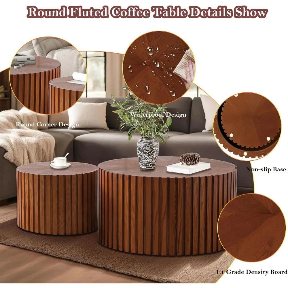 Handcraft Round Nesting Coffee Table - Chic Wave Stripe Edge, Modern Stylish Walnut Wooden Circle Fluted Center Table for Living