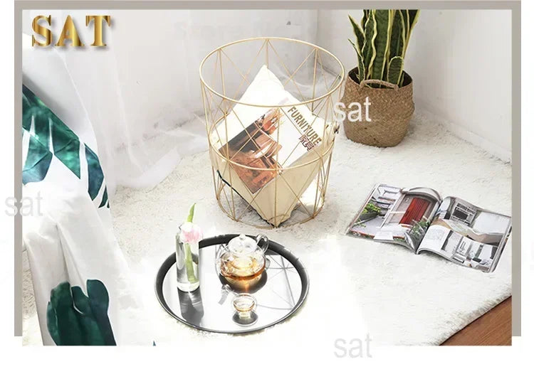 -New Nordic Golden Iron Metal Coffee Table Dirty Storage Basket Tea Fruit Snack Service Plate Tray Bed Living Room Sofa Side
