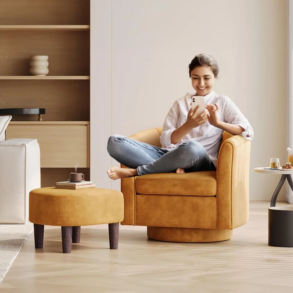 Modern Velvet Swivel Armchair with Ottoman: Compact 360-Degree Rotating Reading Chair for Comfort and Style