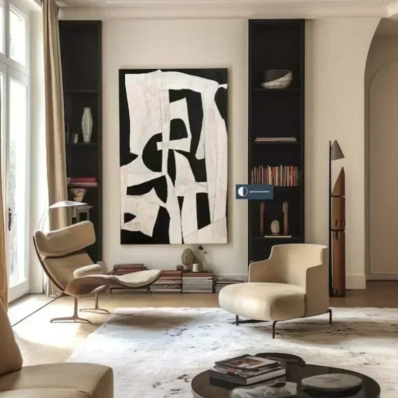 Beige Wabi Sabi Wall Art, Black And Beige Abstract Painting -Minimalist Canvas Large Neutral Rich Textured Living Room Decor