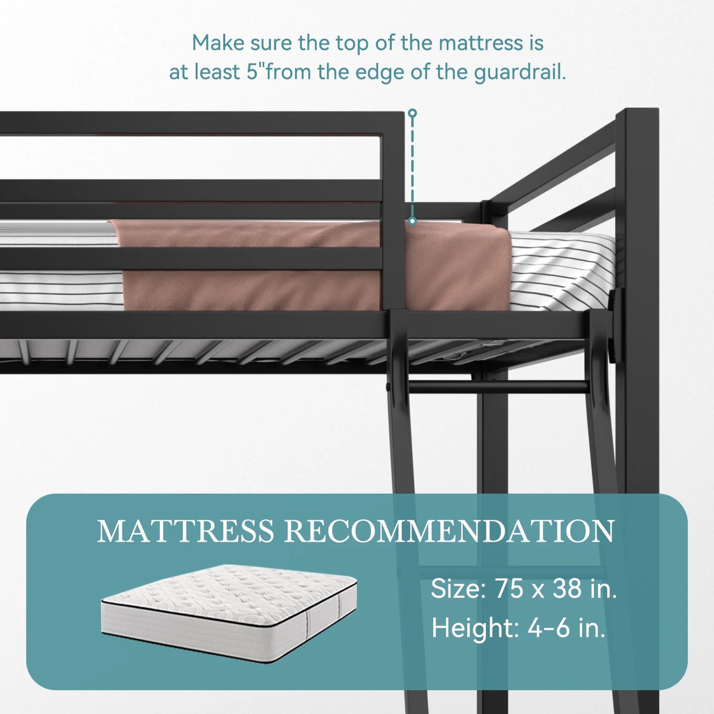 Heavy-Duty Metal Bunk Bed Frame Twin Over Twin, Full Length Guardrails, Space-Saving, Sturdy Metal Support