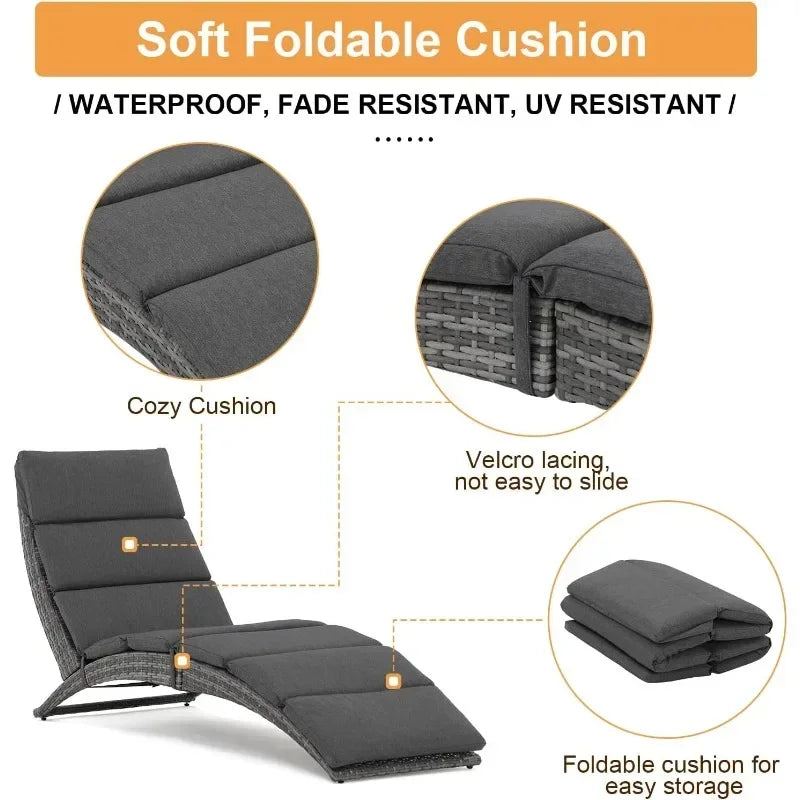 t Patio Chaise Lounge, Outdoor Lounge Chair, PE Rattan Foldable Chaise Lounger with Removable Dark Gray Cushion, Suitable