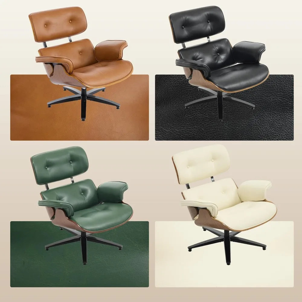 Mid-Century Modern Lounge Chair and Ottoman Set, Classic PU Leather Upholstery, Walnut Wood Trim, 360° Swivel, Ergonomic