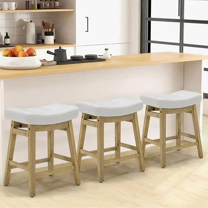 Counter Height Bar Stools Set of 3, Barstools with Upholstered Leather Saddle Seat and Solid Wood Legs 24 Inch Kitchen