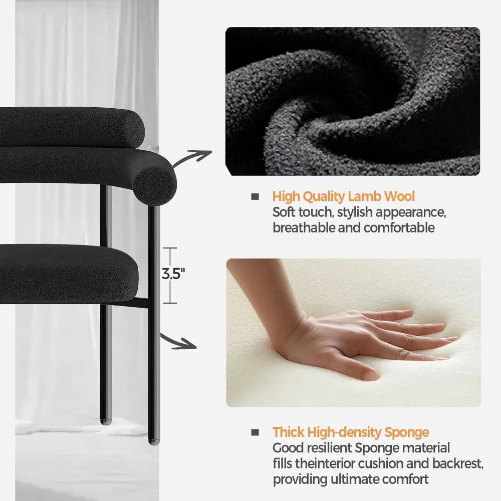 Modern Black Boucle Dining Chairs Set, 2-Piece Kitchen & Dining Room Chairs with Arms, Barrel Style for Contemporary Dining