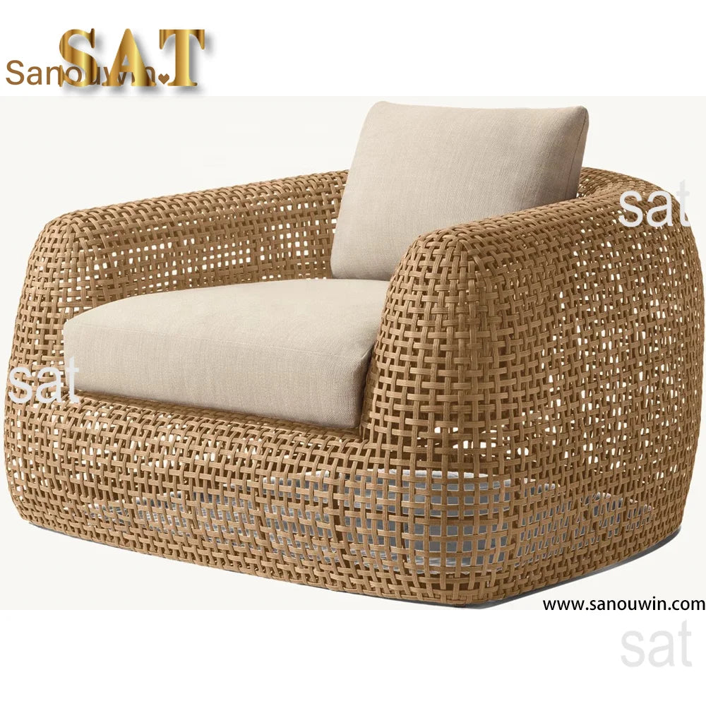 Hot Sales Modern PE Rattan Single Sofa Set High-End Outdoor Furniture With Natural Wood Look Wicker Teak Fabric Materials For D