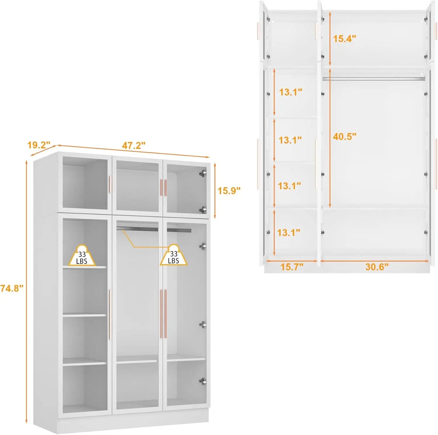 Wardrobe Cabinet with LED Lights, Armoire Closet , Wooden Large Wardrobe with Hanging Rod & 5 Tiers Shelf, White 47.2" W