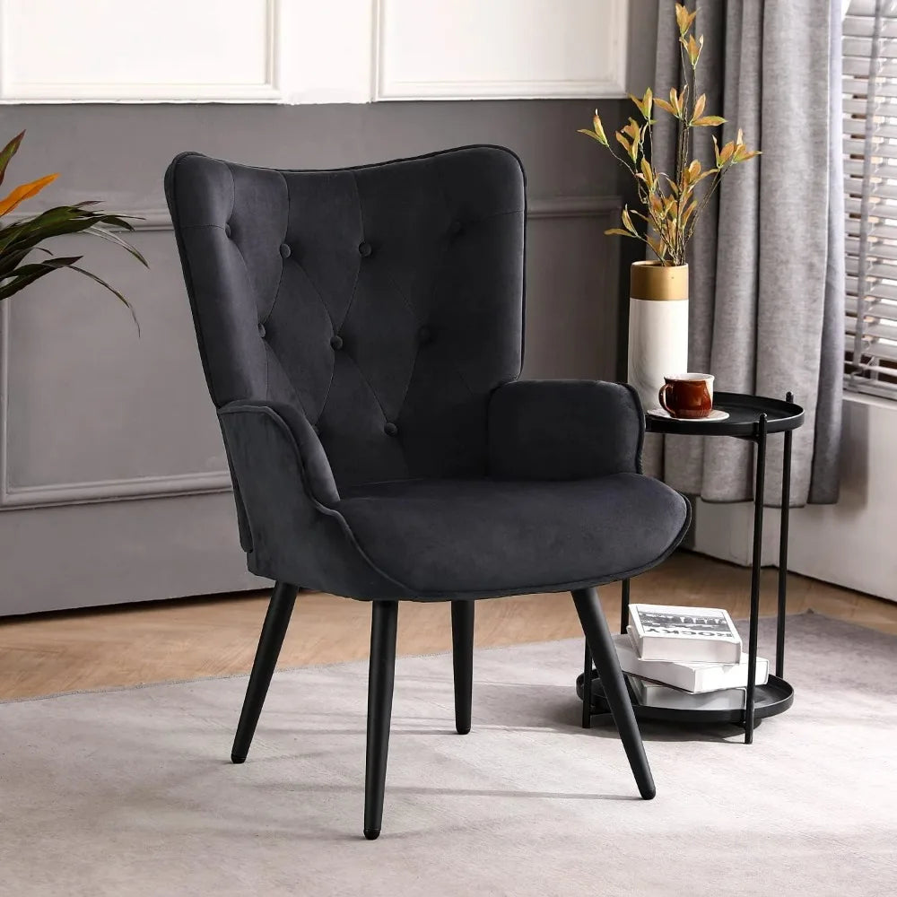 Velvet Accent Chair for Living Room, Upholstered Reading Chair with High Backrest, Tufted-Button Wingback Armchair f