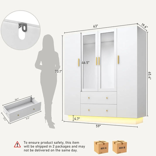 4 Door Wardrobe Closet with Mirrors and LED Lights, Bedroom Armoire with Drawers and Shelves, Modern Wooden Armoire Wardrobe