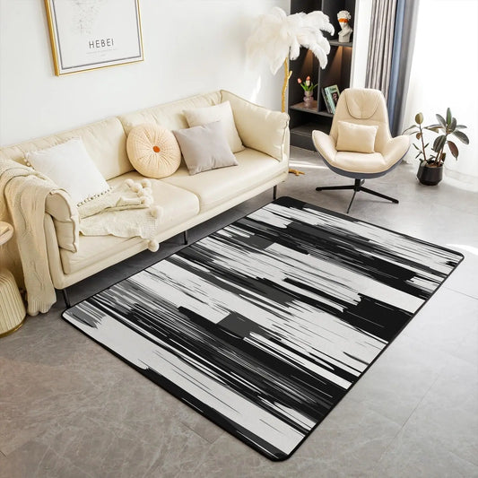 Black White Grey Area Rug Kids Abstract Art Living Room Rugs for Bedroom Geometric Brushstrokes Indoor Floor Mat Polyester Room