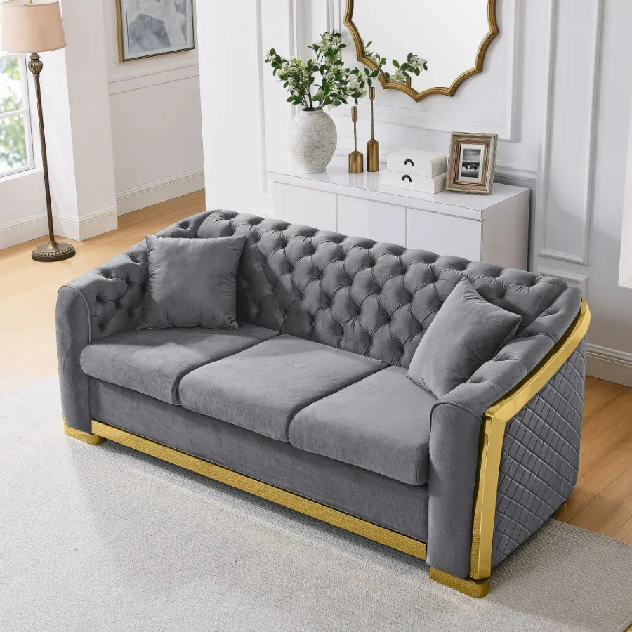 Velvet Luxury Chesterfield Sofa Set 84 Inches Tufted 3 Seat Couch with Gold Stainless for Living Room Grey Fabric