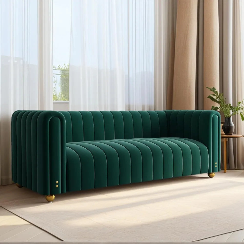 Velvet Sofa 81": Channel Tufted 3-Seat with Gold Legs for Living Room