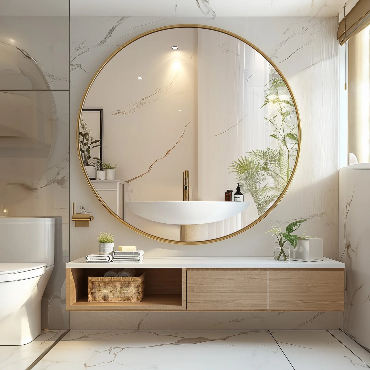 Round Wall Mirror 30" - Gold Metal Frame with Tempered Glass