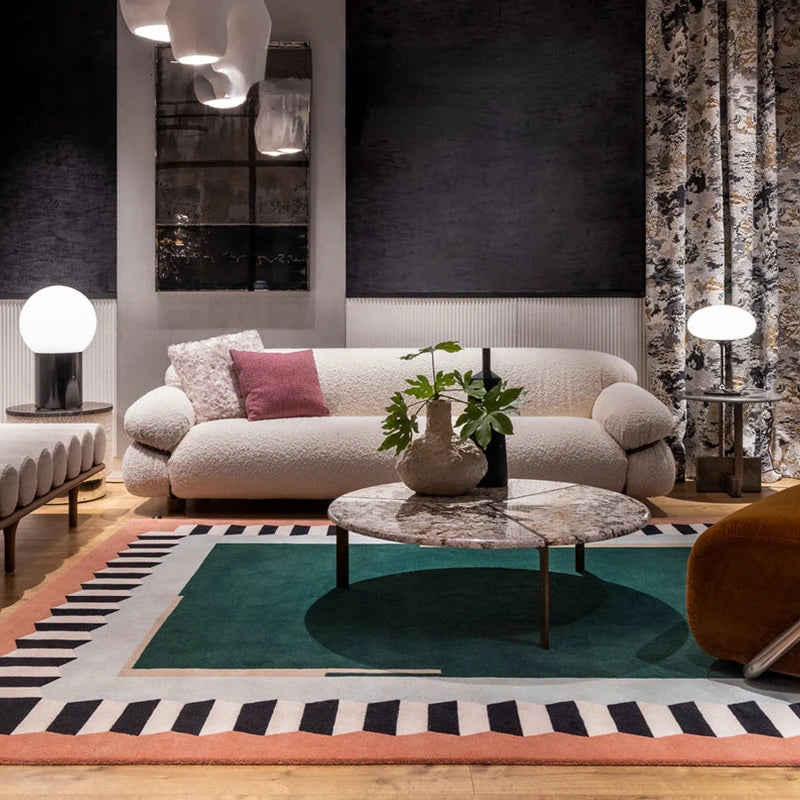 Geometric Colour Block Area Rug - Black and White Striped Border - Multiple Colours