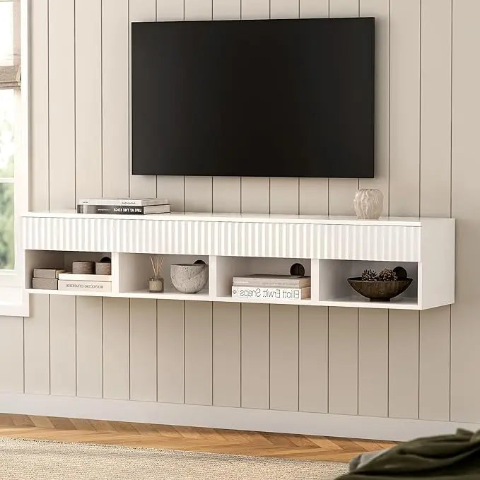 Floating TV Stands with Drawer and Open Shelf, Small Wall Mounted Bedside End Table, Modern Fluted Night Stand for Bedroom