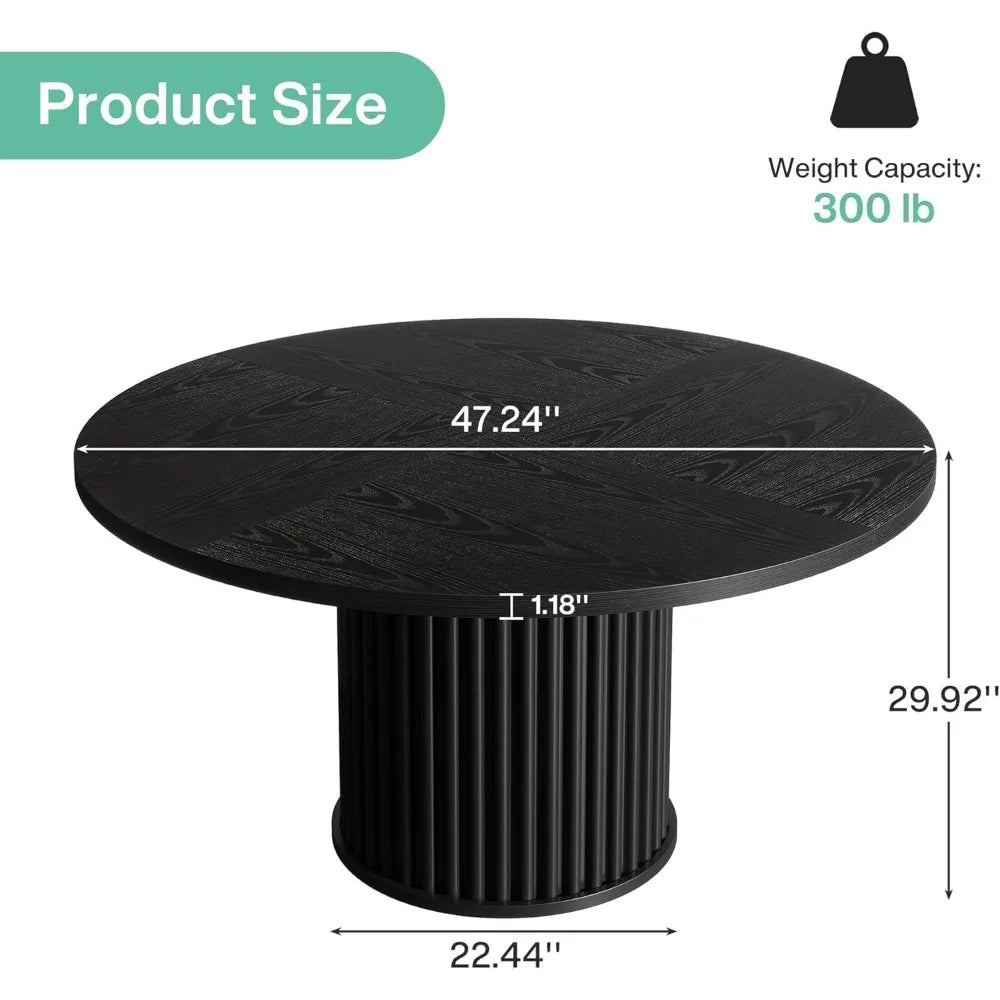 47.24-Inch Black Round Dining Table for 4-6 People, Modern Fluted MDF + Metal Base Kitchen Table, Sturdy Circle Dining