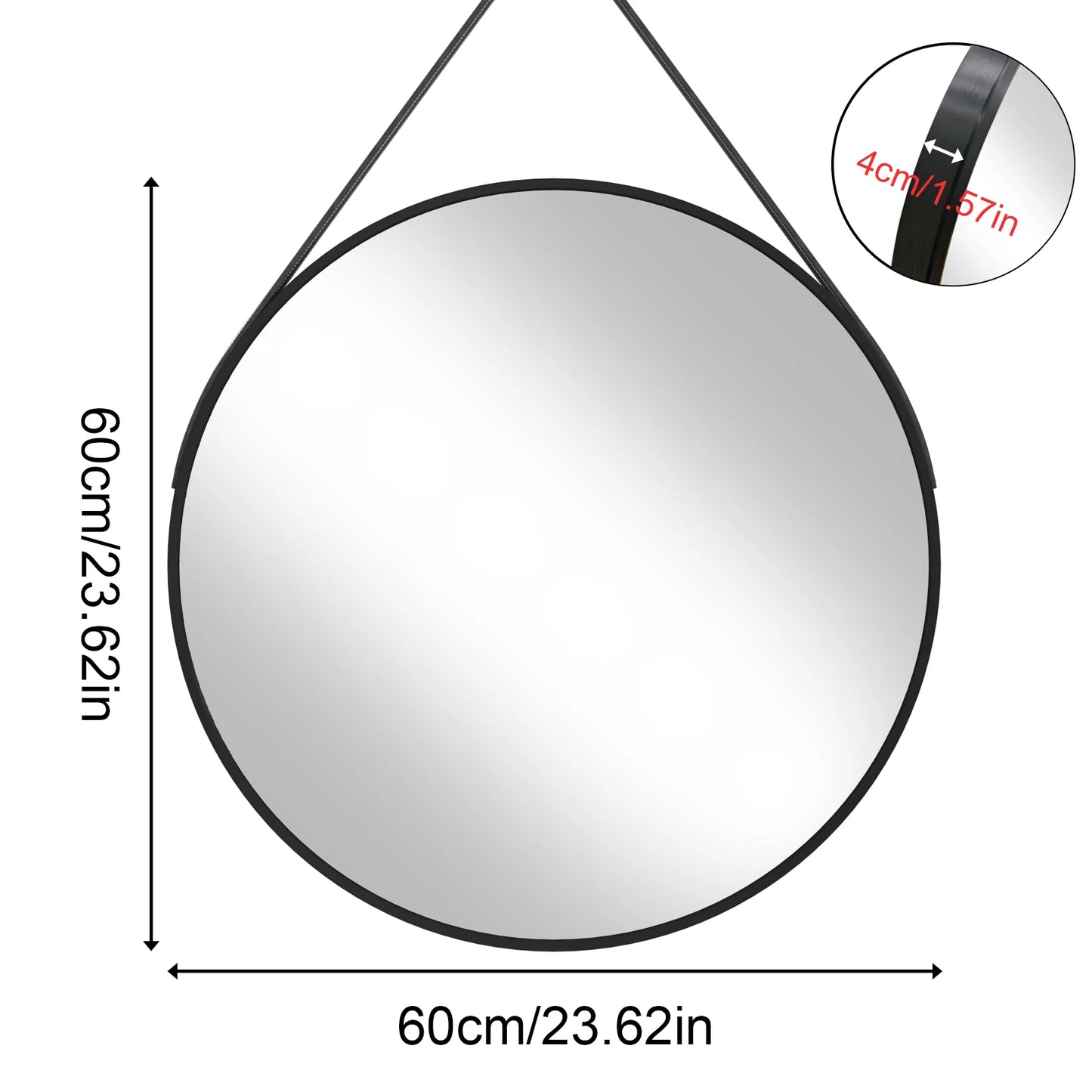 Round Wall Mirror with Brushed Aluminum Frame and Leather Strap - 60/70/80cm