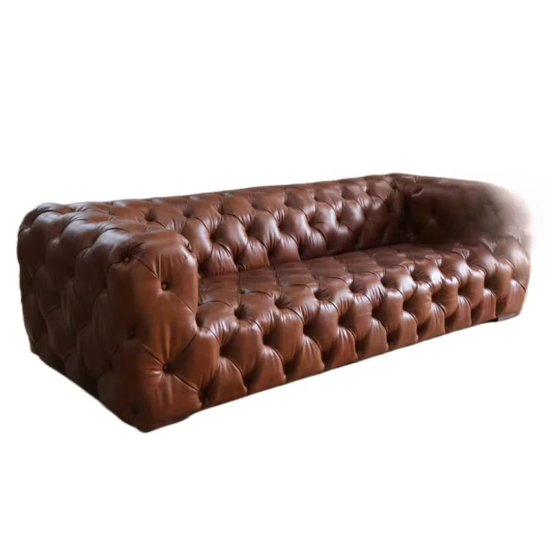 Custom Made Retro Vintage Tan Leather Classic Chesterfield Sofa Fully Tufted Buttons 3 Seat Living Room Hotel Lobby Sofa Club