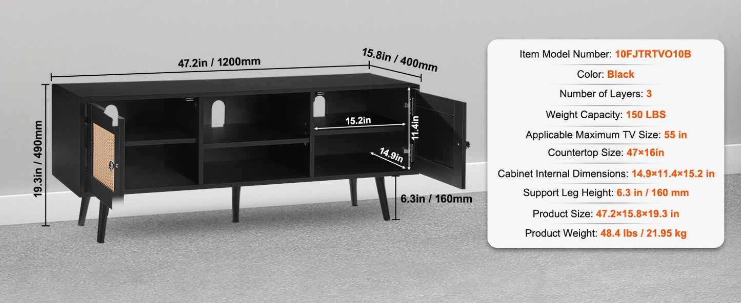 Rattan TV Stand Mid Century Modern TV Stand with Build-in Socket USB Ports Adjustable Shelfs for Living Room Media Room