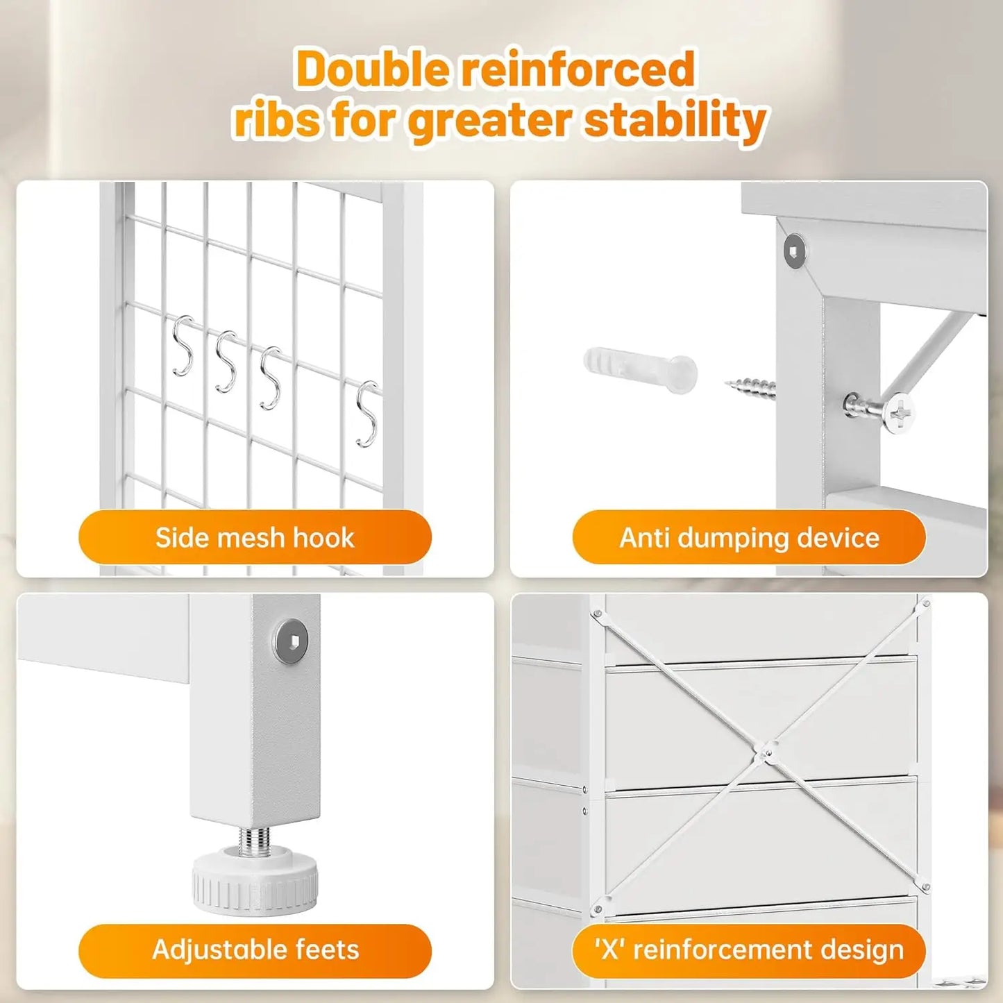 Dresser with Hanging Rack & LED Lights – 6 Drawer Storage with Charging Station