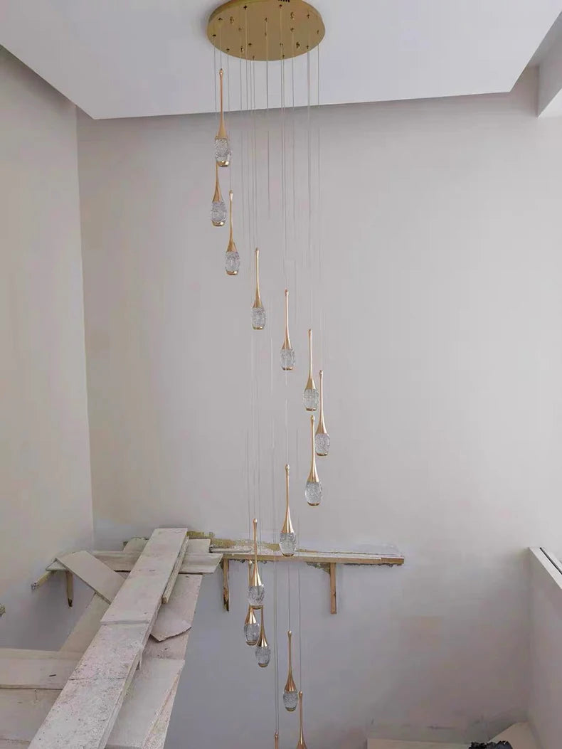 Crystal Chandelier: Multi-Drop Spiral Pendant Light in Gold - 30cm x 120cm