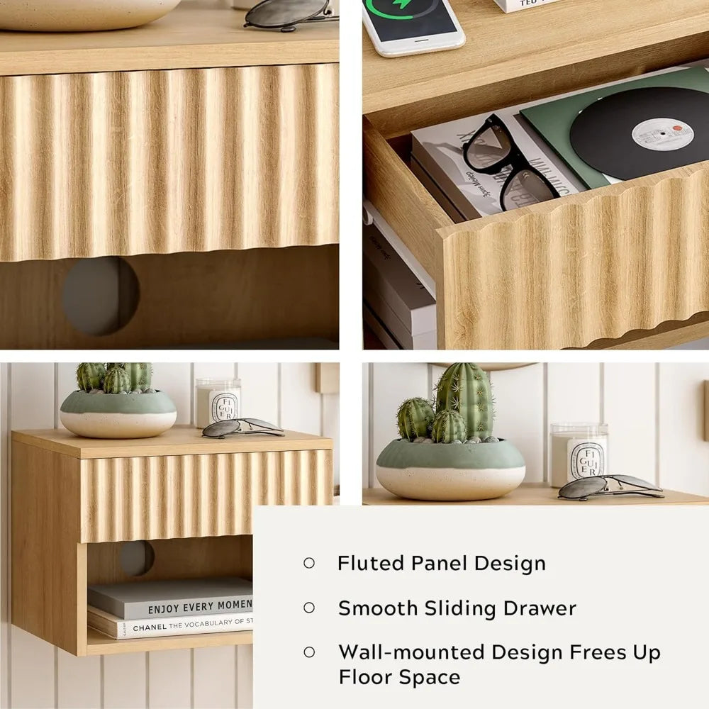 Floating TV Stands with Drawer and Open Shelf, Small Wall Mounted Bedside End Table, Modern Fluted Night Stand for Bedroom