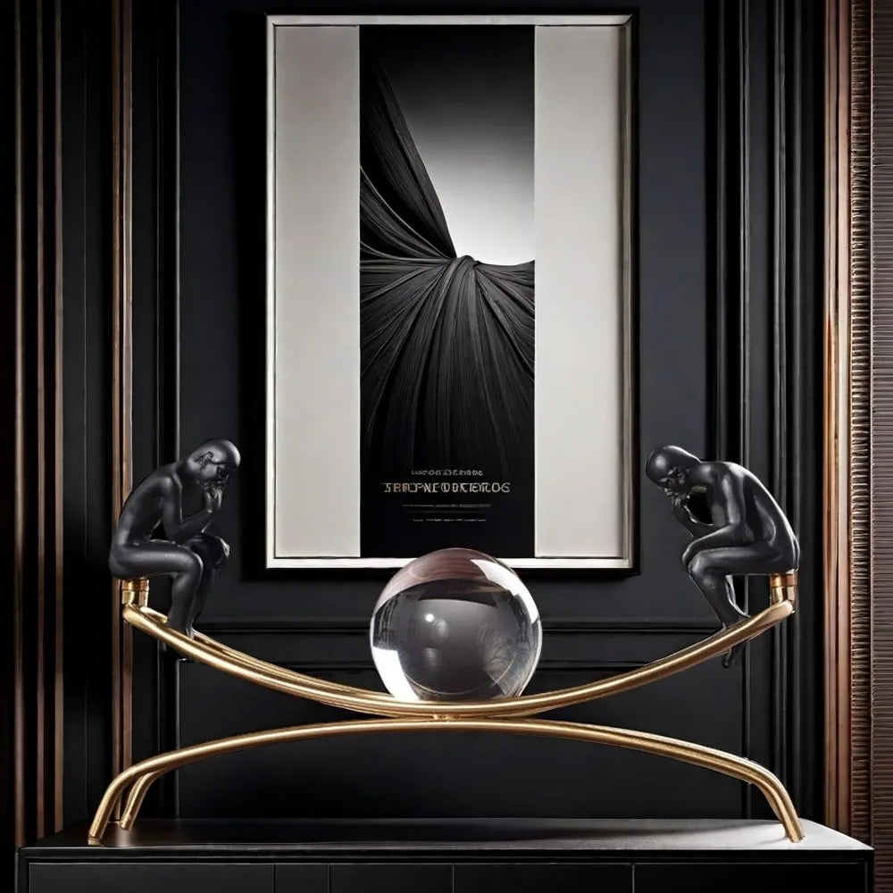 The Thinker Statue with Crystal Ball - Figurine Sculpture | Home Office Decor